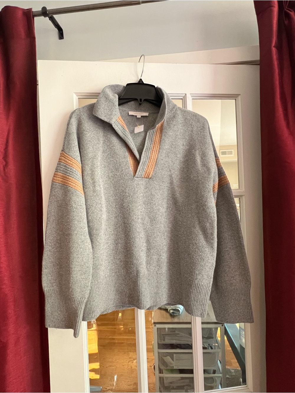 Favorite Daughter Light Gray Crewneck Sweater with Tan Stripe Accents
